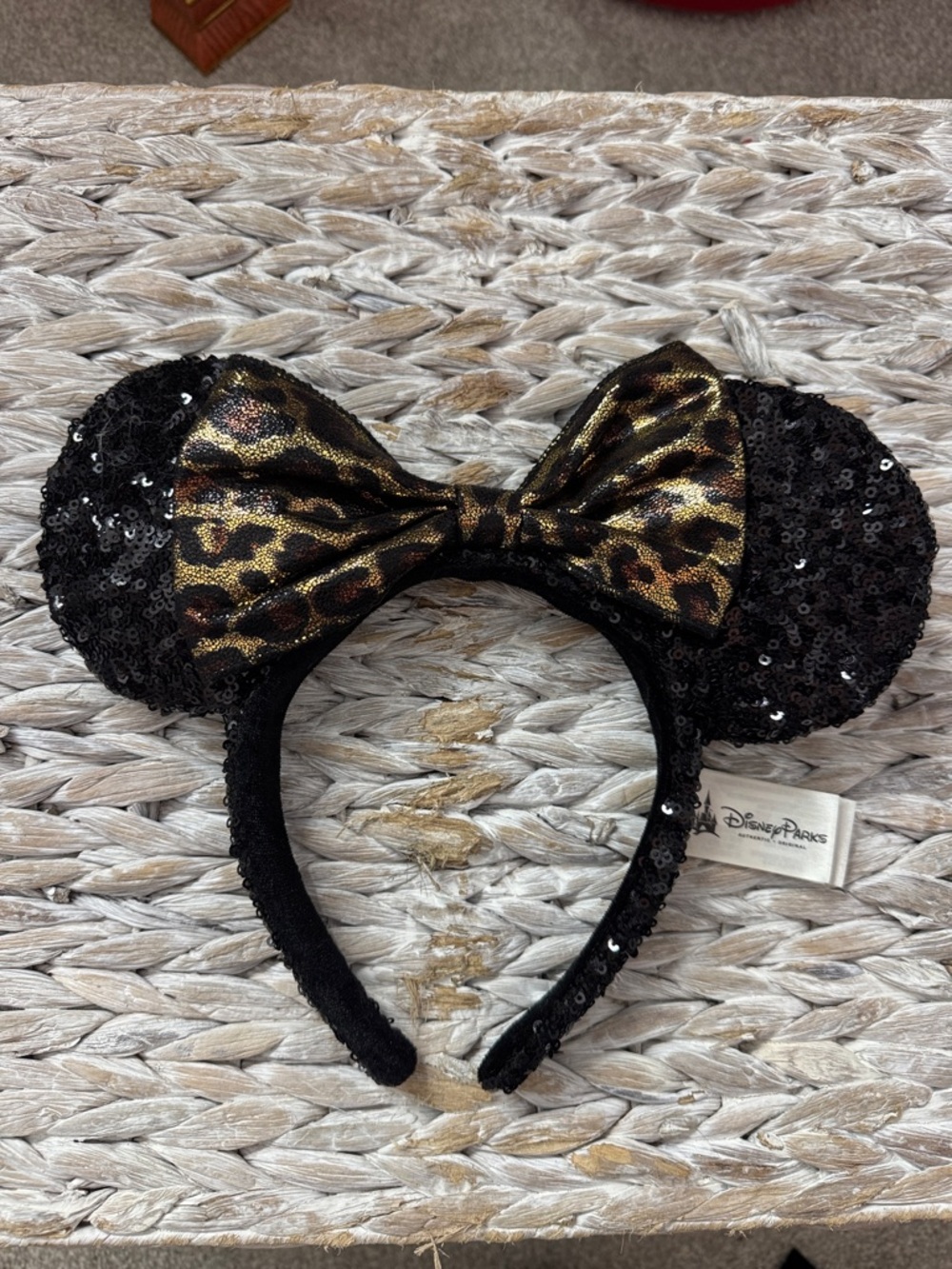 Disney Black Sequin Minnie Ears with Leopard Bow